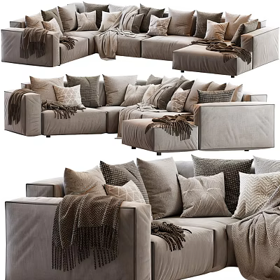 Sectional Sofa With Plush Pillows And Cozy Blankets For Living Room 3d model