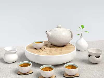 Minimalist Ceramic Tea Set with Round Wooden Tray Teacups and Green Plant 3d model