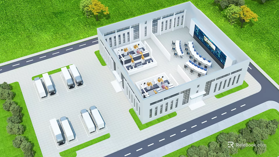 Aerial View Of Modern Building With Office Workstations Large Screen And Parked Vehicles 3d model 