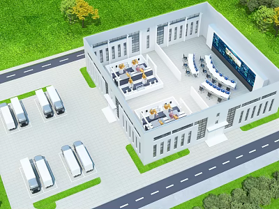 Aerial View Of Modern Building With Office Workstations Large Screen And Parked Vehicles 3d model