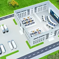 Aerial View Of Modern Building With Office Workstations Large Screen And Parked Vehicles