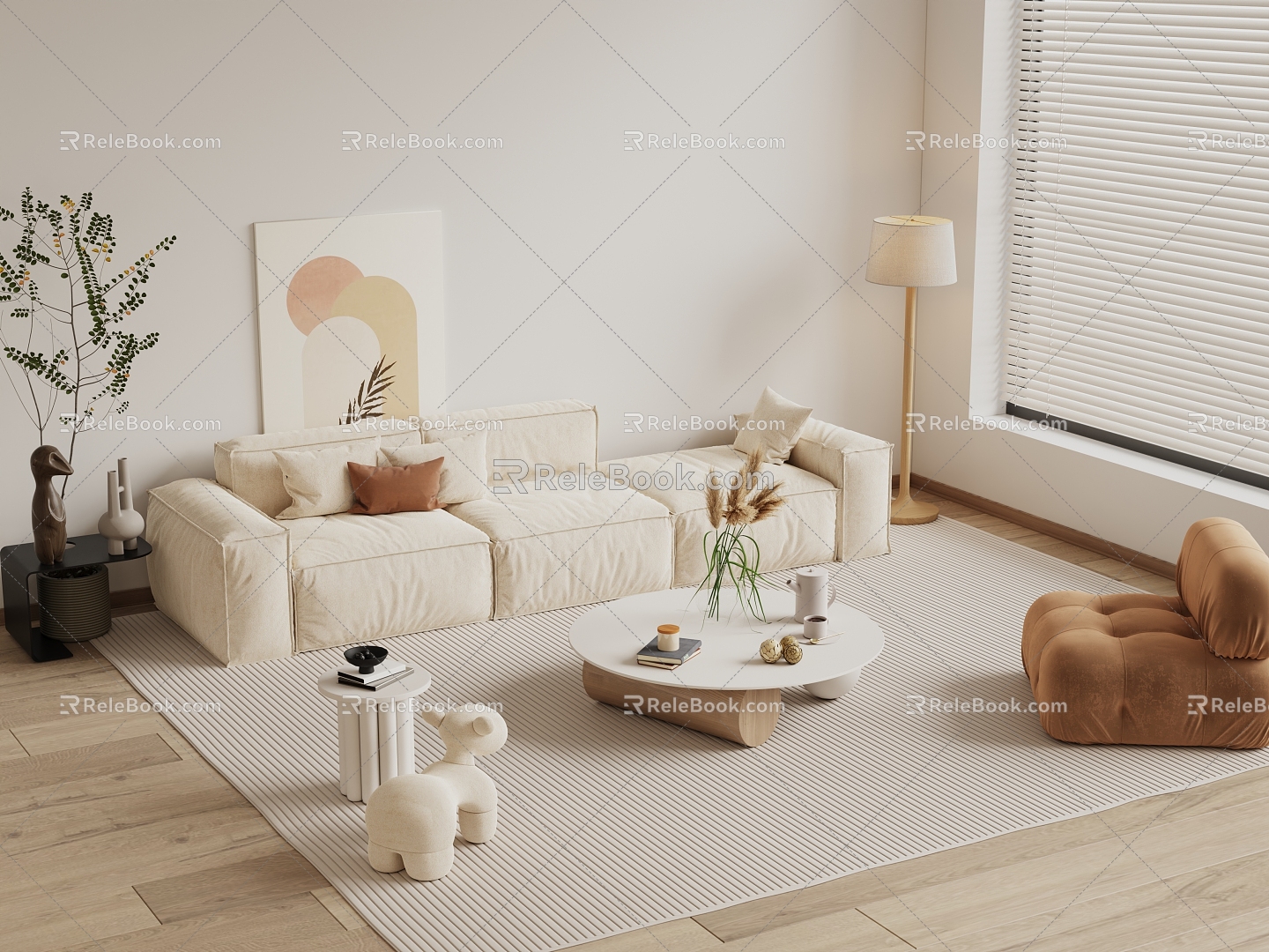 Cream Style Sofa Coffee Table Combination Cream Style Living Room Cream Style Coffee Table Coffee Table Floor Lamp Decoration Hanging Picture Carpet Side Table Sofa 3d model