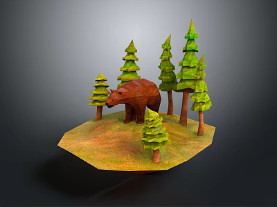 Brown Bear Standing Among Green Pine Trees in a Natural Forest Grassland Setting 3d model