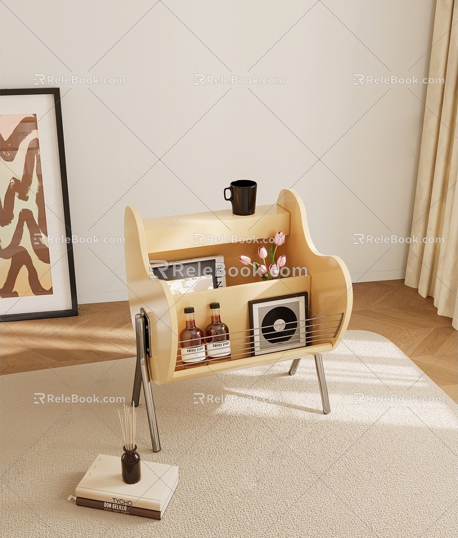 Bedside Cabinet Accessories Ornaments Aromatherapy Books Carpet Wood Floor Decorative Painting Glass Bottle Tulip 3d model