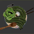 Cartoon Scene Bowl With Green Noodles Succulent And Chopsticks