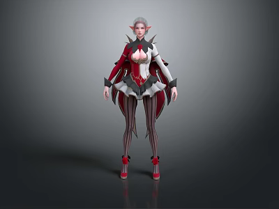 Elven Fantasy Character in Red and White Outfit with Cloak Striped Stockings and High Heels 3d model