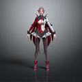 Elven Fantasy Character in Red and White Outfit with Cloak Striped Stockings and High Heels