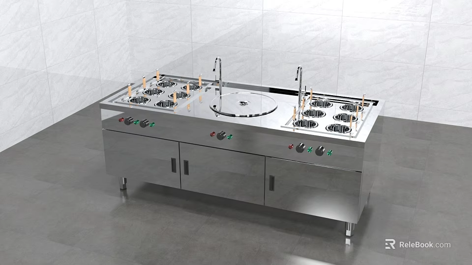 Stainless Steel Commercial Kitchen Equipment With Multiple Burners Faucets And Cabinet Doors 3d model 