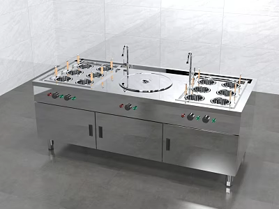 Stainless Steel Commercial Kitchen Equipment With Multiple Burners Faucets And Cabinet Doors 3d model