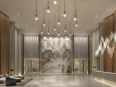 Elegant Hotel Lobby Interior Design With Hanging Chandeliers Mountain Landscape Wall Art And Wooden Panels 3d model