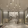 Elegant Hotel Lobby Interior Design With Hanging Chandeliers Mountain Landscape Wall Art And Wooden Panels