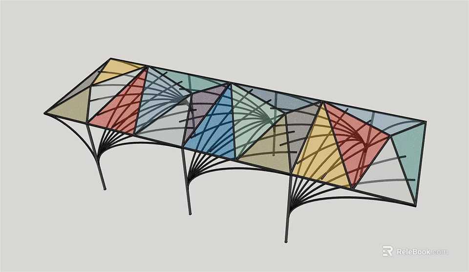 Modern Pergola Design With Colorful Geometric Panels And Black Metal Supports 3d model 