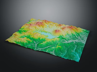 3D Topographic Terrain Model Featuring Colorful Mountains Valleys And Blue Lake 3d model