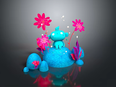 Adorable Blue Character Sitting On Blue Platform With Pink Flowers And Glowing Particles 3d model