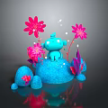 Adorable Blue Character Sitting On Blue Platform With Pink Flowers And Glowing Particles