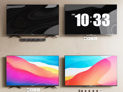 Four Modern Televisions Displaying Different Screens With Time Black Background And Colorful Gradients 3d model