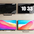 Four Modern Televisions Displaying Different Screens With Time Black Background And Colorful Gradients