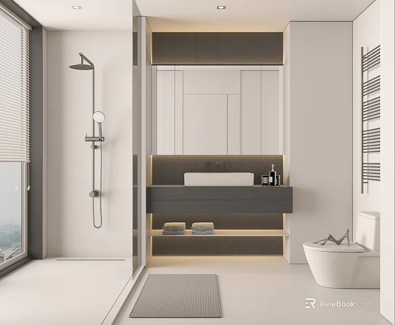 Modern Minimalist Bathroom Interior With Gray And White Shower Bathtub Vanity And Mirror Cabinet 3d model 