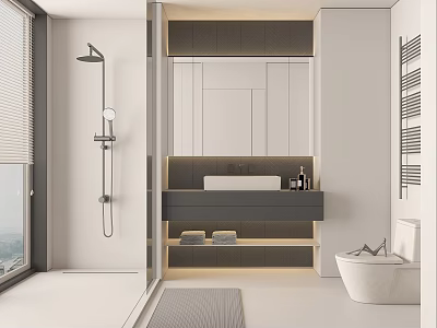 Modern Minimalist Bathroom Interior With Gray And White Shower Bathtub Vanity And Mirror Cabinet 3d model