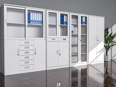 White Bookcase With Glass Doors Drawers Blue Folders On Sleek Floor Near Green Plant 3d model