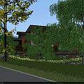 Scenic Park Landscape Featuring Weeping Willows Stream Wooden Walkway Glass Pavilion And Lush Greenery