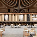 Modern Cafe Interior Design With Wooden Ceiling Pendant Lights Tables Chairs And Green Plants