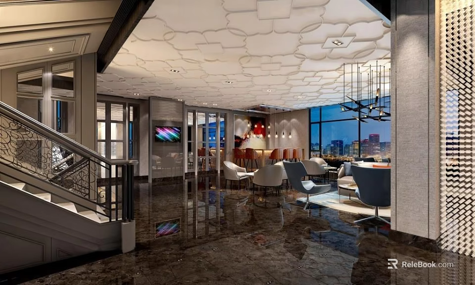 Modern Luxury Shop Front Desk Interior With Reception Seating Chandelier And Large Windows 3d model 