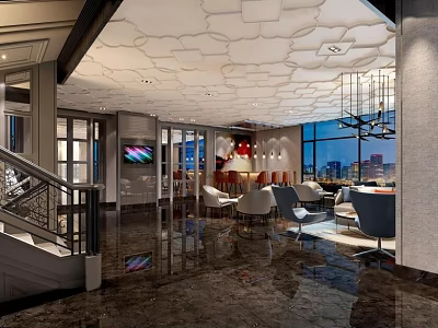 Modern Luxury Shop Front Desk Interior With Reception Seating Chandelier And Large Windows 3d model