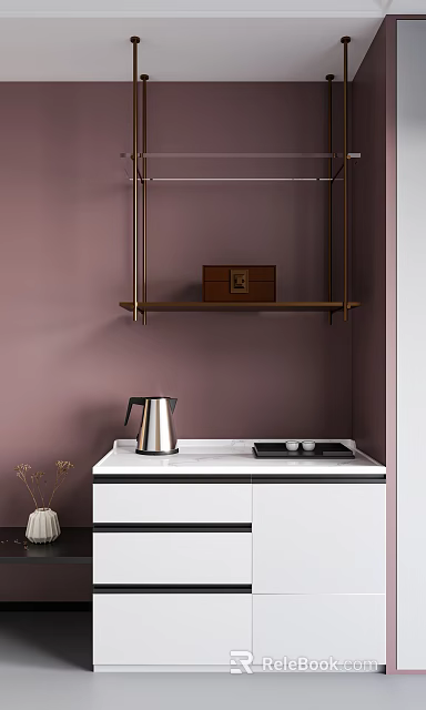 Cozy Home Decor Setup Featuring Purple Wall Wooden Shelf Brown Box And Stainless Steel Kettle 3d model 