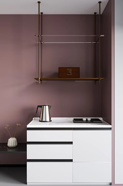 Cozy Home Decor Setup Featuring Purple Wall Wooden Shelf Brown Box And Stainless Steel Kettle 3d model