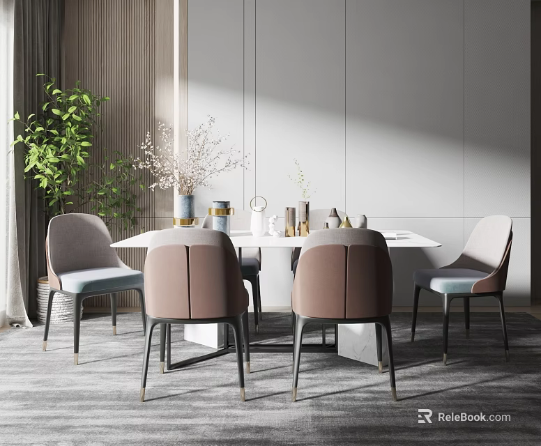 Modern Dining Table Set With Beige Gray Chairs And Decorative Items In Bright Interior 3d model