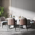 Modern Dining Table Set With Beige Gray Chairs And Decorative Items In Bright Interior 3d model