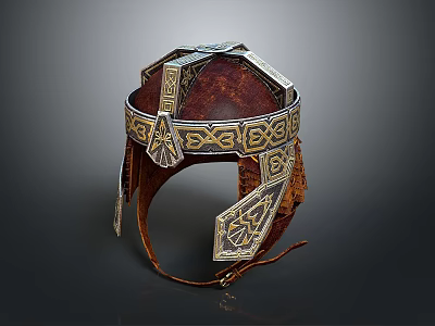 Ancient Decorative Helmet With Intricate Patterns On Metal Frame And Leather Straps 3d model