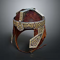 Ancient Decorative Helmet With Intricate Patterns On Metal Frame And Leather Straps