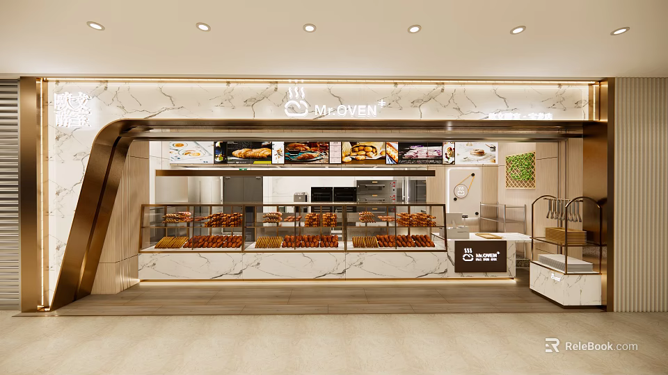 Modern Dessert Shop Exterior With Marble Walls Display Cases Warm Lighting And Fresh Pastries 3d model 