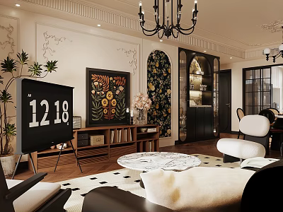 Cozy Retro French Style Open Plan Living And Dining Room With Exquisite Home Interior Design 3d model