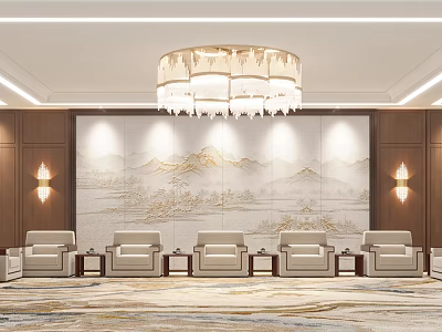Luxurious Modern Hotel Public Lounge Interior With Decorative Landscape Wall Large Chandelier And Beige Sofas 3d model