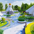 Park Landscape With Winding Paths Lush Trees Circular Lawns And White Spire Structures 3d model
