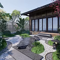 Traditional Zen Garden Landscape Design With Wooden Pavilion Rockery Stone And Lush Plants