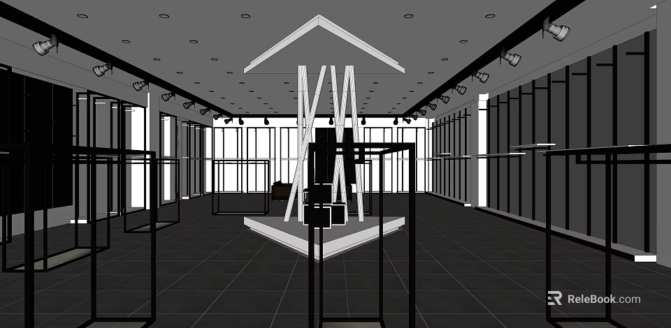 Modern Commercial Display Interior Featuring Glass Cases Central Platform Ceiling Spotlights And Large Windows 3d model 