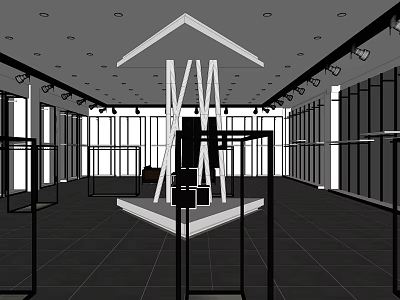 Modern Commercial Display Interior Featuring Glass Cases Central Platform Ceiling Spotlights And Large Windows 3d model