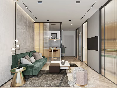 Modern Living Room Interior With Green Sofa Coffee Table TV Rug And Floor Lamp 3d model