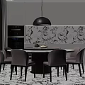 Round Dining Table Set With Light Pink Chairs Marble Pattern Backdrop And Black Pendant Light 3d model
