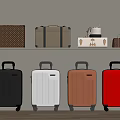 Stylish Luggage and Bags on Shelf with Black White Brown Red Hardcases and Wheels