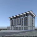 Modern Multi Story Office Building Exterior With Flag Entrance Glass Windows And Paved Plaza