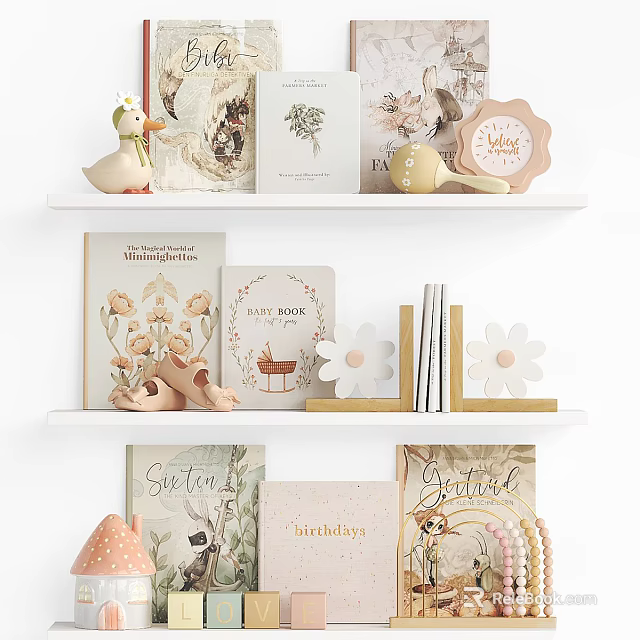 Decorative Shelf Display With Books Magazines Recipe Book Flower Teapot And Greeting Items 3d model 