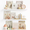 Decorative Shelf Display With Books Magazines Recipe Book Flower Teapot And Greeting Items