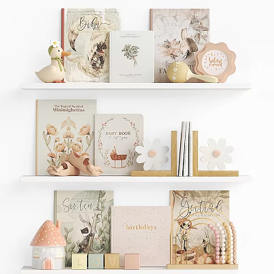Decorative Shelf Display With Books Magazines Recipe Book Flower Teapot And Greeting Items 3d model