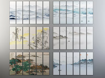 Chinese Landscape Paintings With Mountains Rivers Mist Trees And Traditional Pavilions 3d model