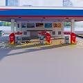 Urban Gas Station Canopy With Fuel Pumps And High Rise Buildings Background